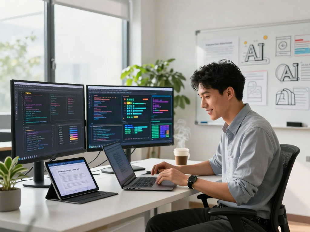 AI workspace featuring a data scientist reviewing AI algorithms, illustrating revolutionary juicy ai trends.