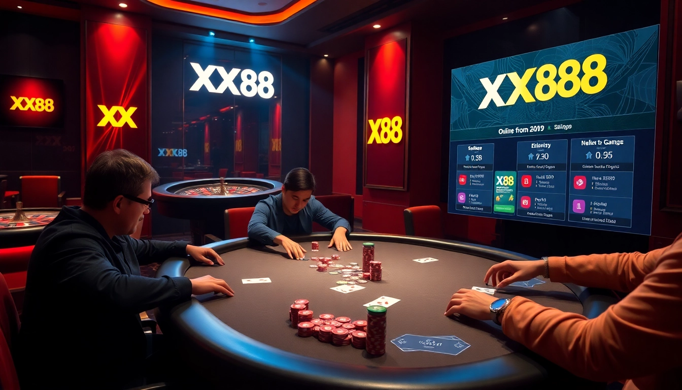 Engaged players enjoying a thrilling poker game at XX88 casino with vibrant colors.