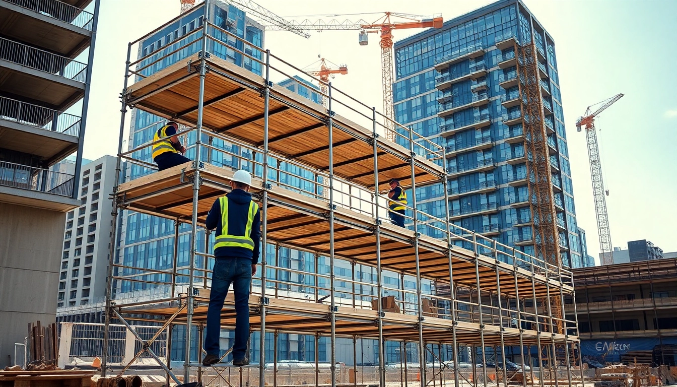 Attentive workers erecting scaffolding in Manchester to enhance safety at the construction site.