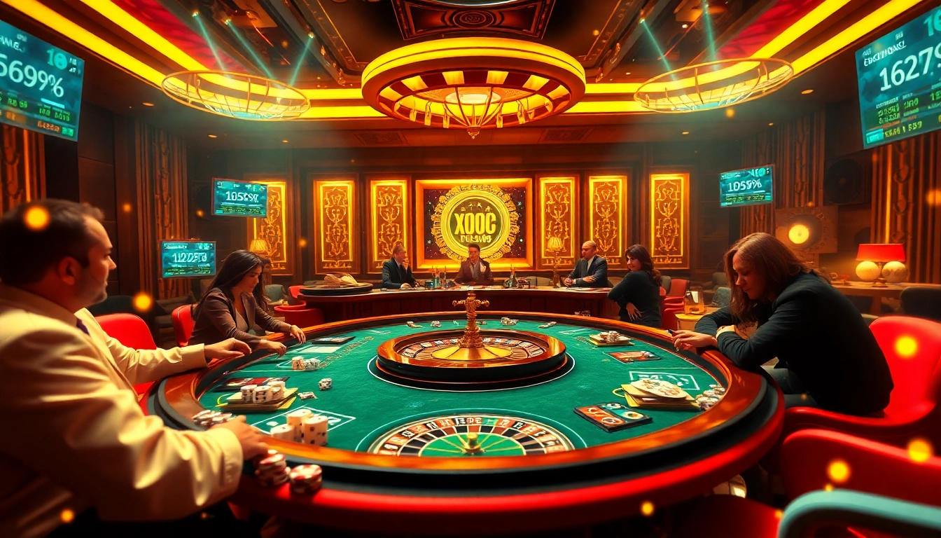 Players engaging in thrilling xocdia88 games at a luxurious casino table with vibrant visuals.