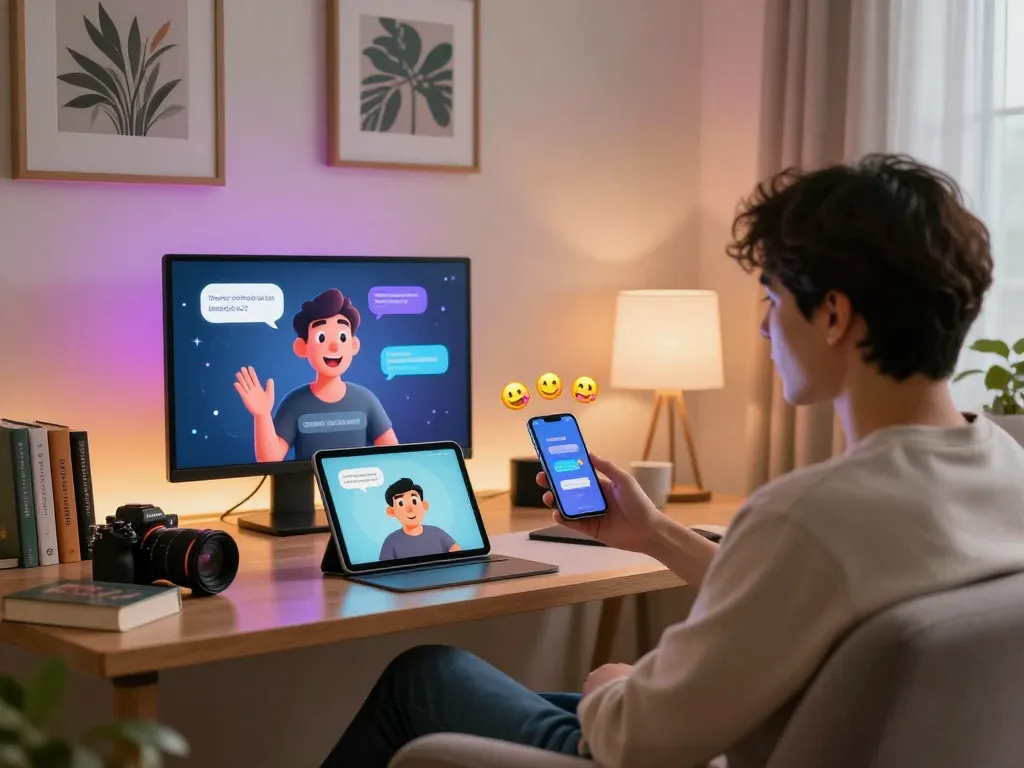 Interactive sex chat AI experience in a cozy home office with an animated companion.