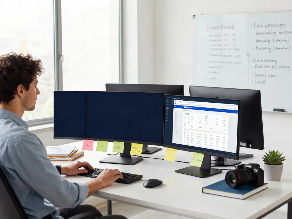 SEO specialist analyzing instant indexing performance on multiple screens in a modern office.