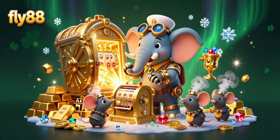 Experience the thrill of winning at fly88's vibrant virtual casino with a steampunk elephant engineer at the slots.