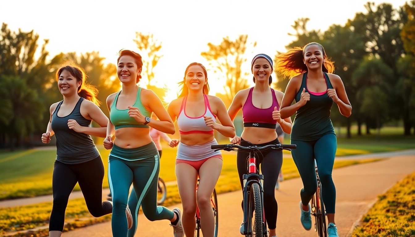 Active individuals enjoying weight loss activities in a vibrant park scene.
