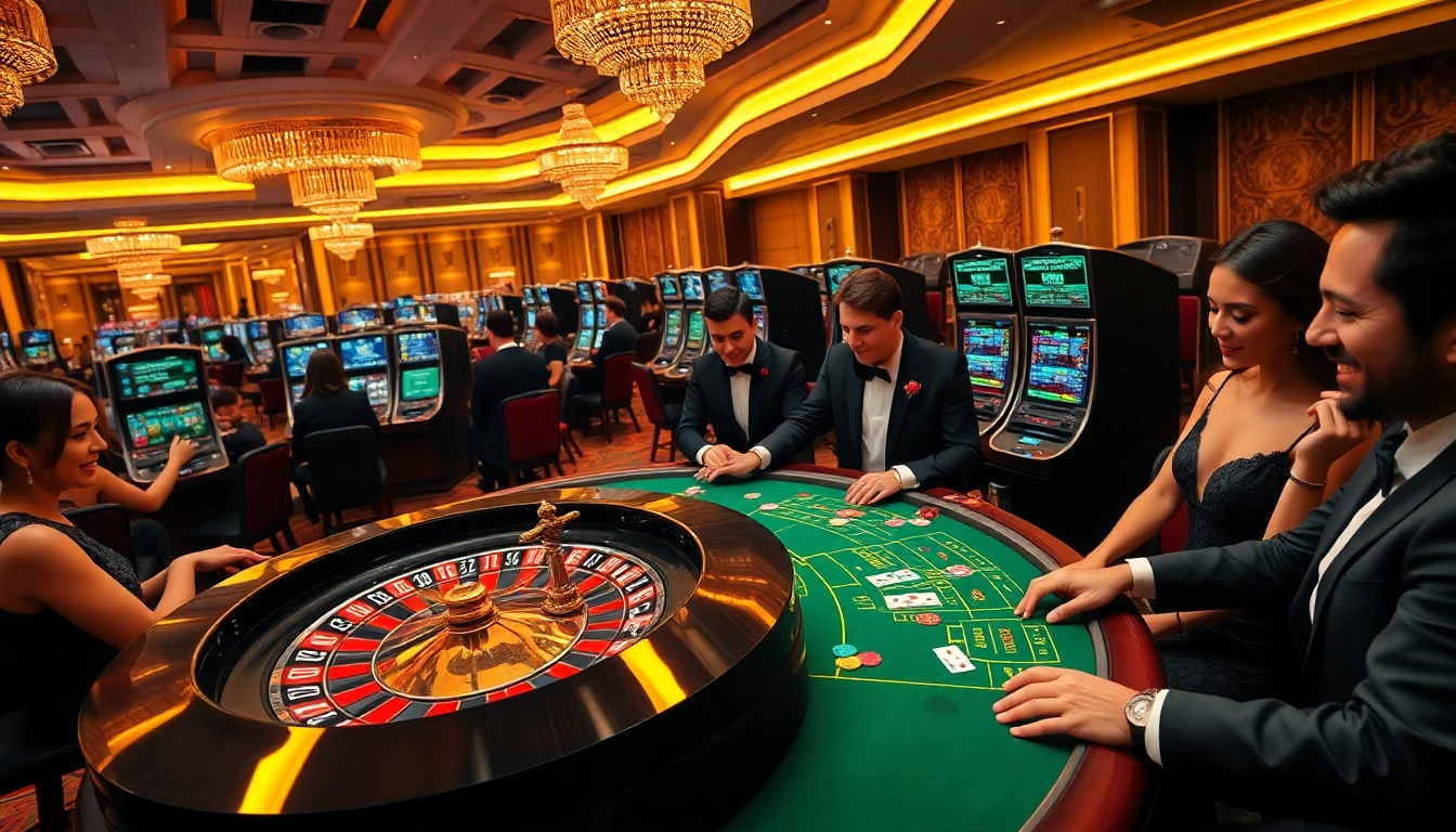 Experience the thrilling atmosphere at https://go88.fast/ with vibrant poker tables and a lively roulette wheel.