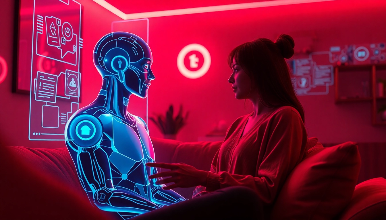 Engage in meaningful ai sex chat with an AI chatbot in a cozy, futuristic setting.