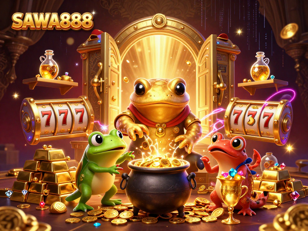 SAWA888 showcases a magical casino scene with alchemists turning metals into gold, adorned with dynamic slot elements.
