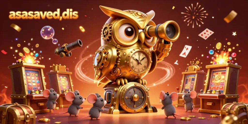 Engage with the vibrant world of asasavedis, showcasing a clockwork golden owl on a casino floor surrounded by a dynamic treasure explosion and playful mice.