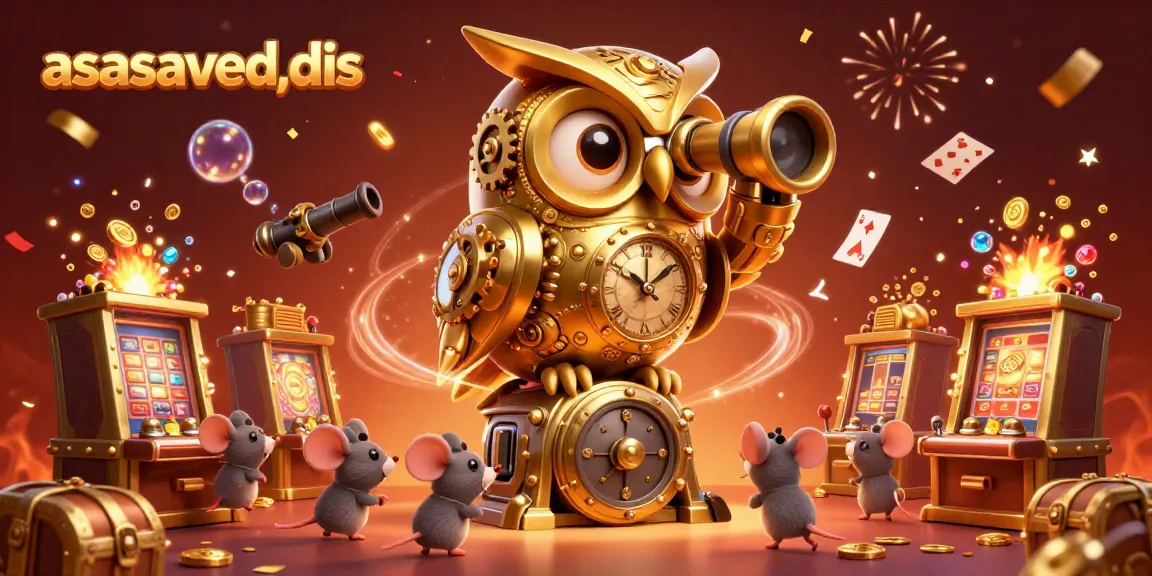 Engage with the vibrant world of asasavedis, showcasing a clockwork golden owl on a casino floor surrounded by a dynamic treasure explosion and playful mice.