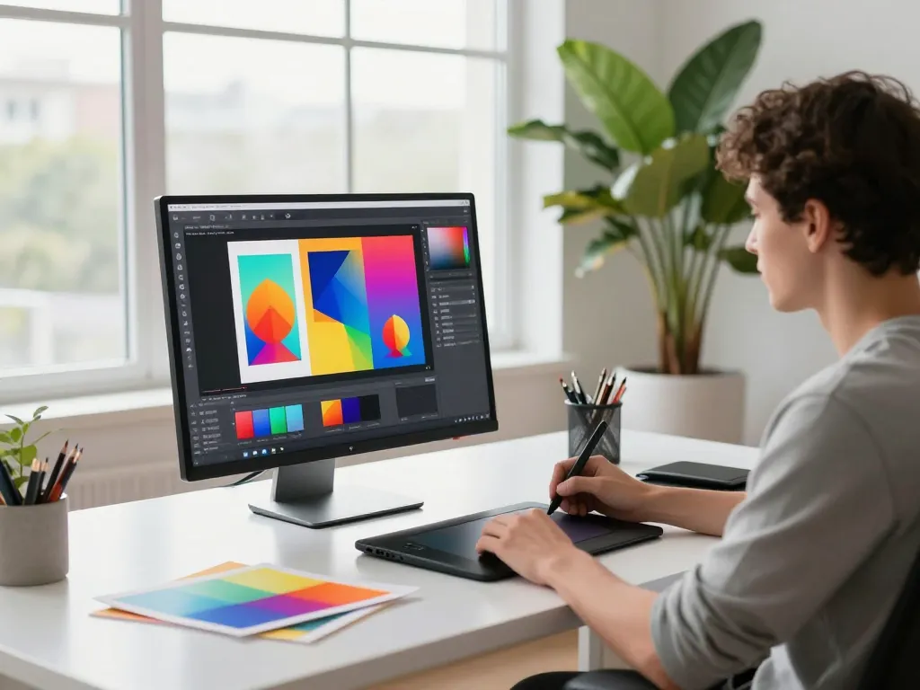 Designer using nano banana flash for AI image editing in a modern workspace.