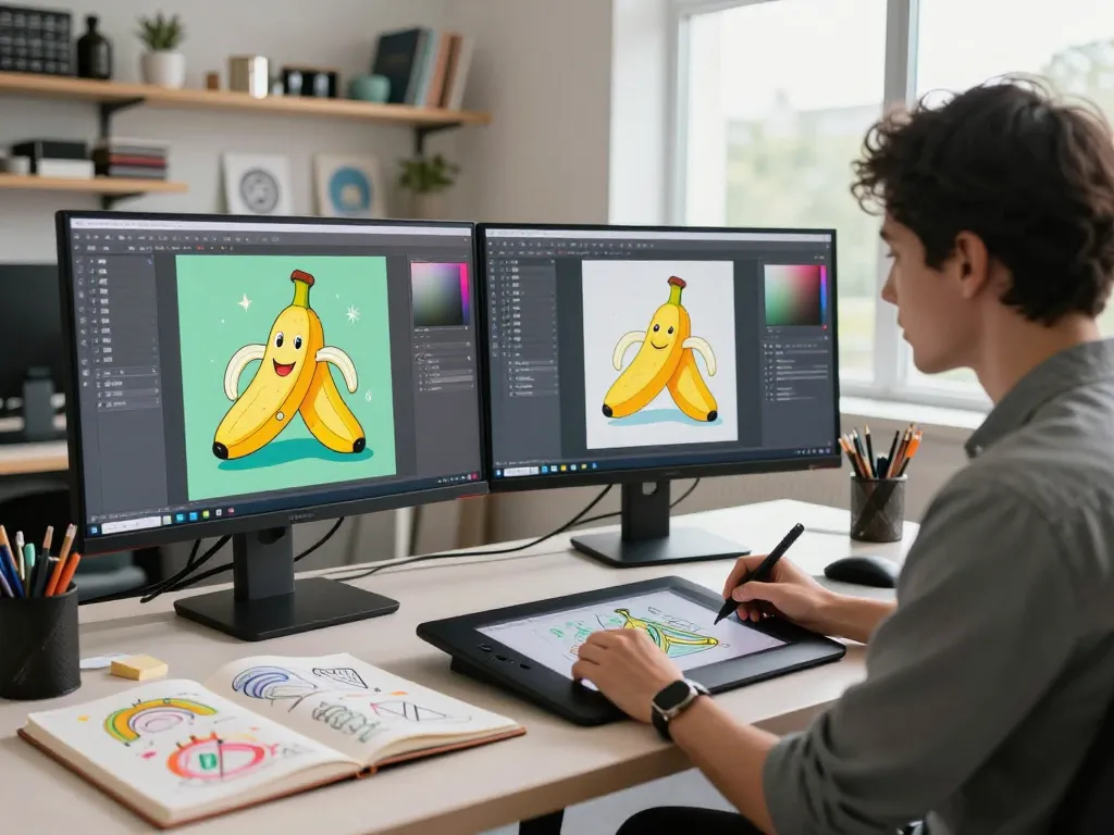 Designer using nano banana ai in a creative workspace with vibrant images and art supplies.