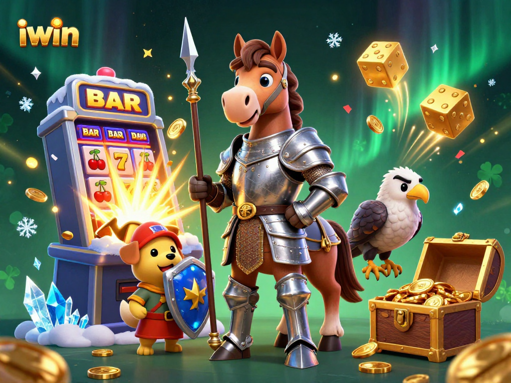Win big with iwin, featuring a knight, puppy, and falcon in a vibrant casino scene.