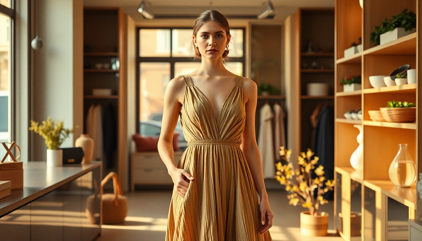 Model showcasing a luxurious stella mccartney dress in an elegant boutique setting.