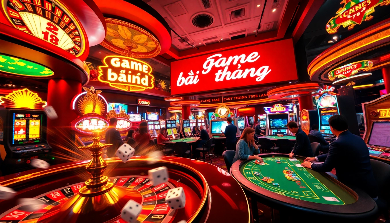 Experience the excitement of 'game bài đổi thưởng' in a lively casino setting featuring poker tables and slot machines.