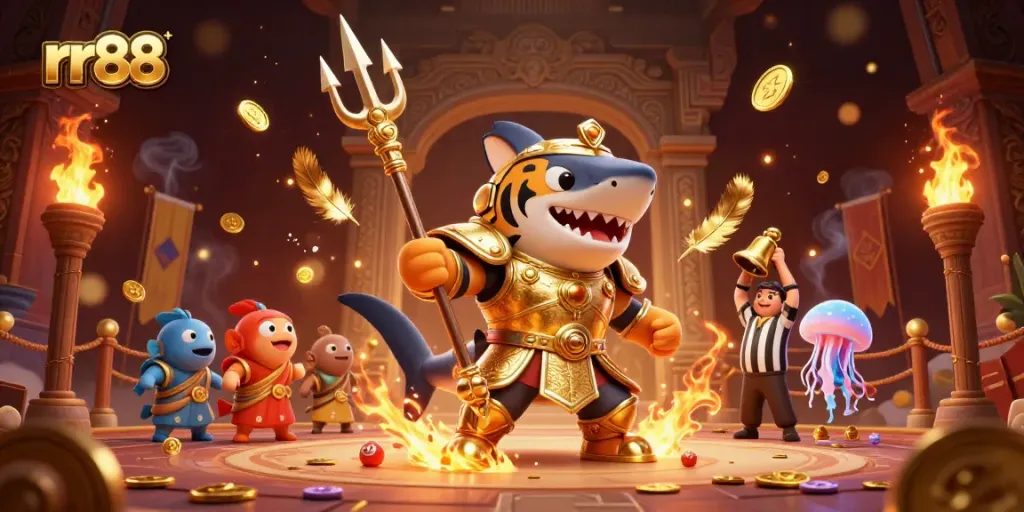 Experience the excitement of rr88 with a fierce shark warrior in a dynamic underwater casino scene.