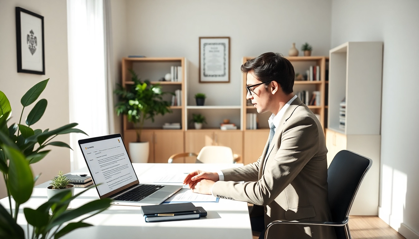 Sworn translator working on legal documents in a modern office setting.