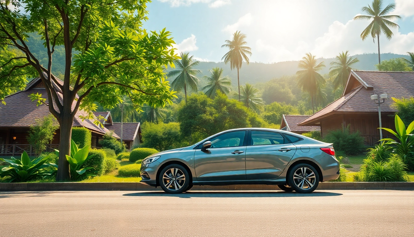 Experience car hire in Kuching with a stylish rental car amidst stunning tropical landscapes.