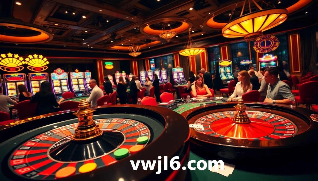 Experience thrilling gaming action at vvjl6 com with stylish casino tables, roulette wheels, and engaged players.