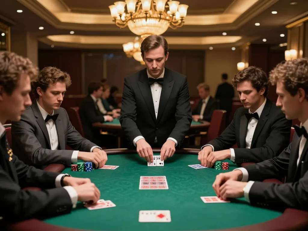 Win678 poker players strategizing in an upscale casino setting.