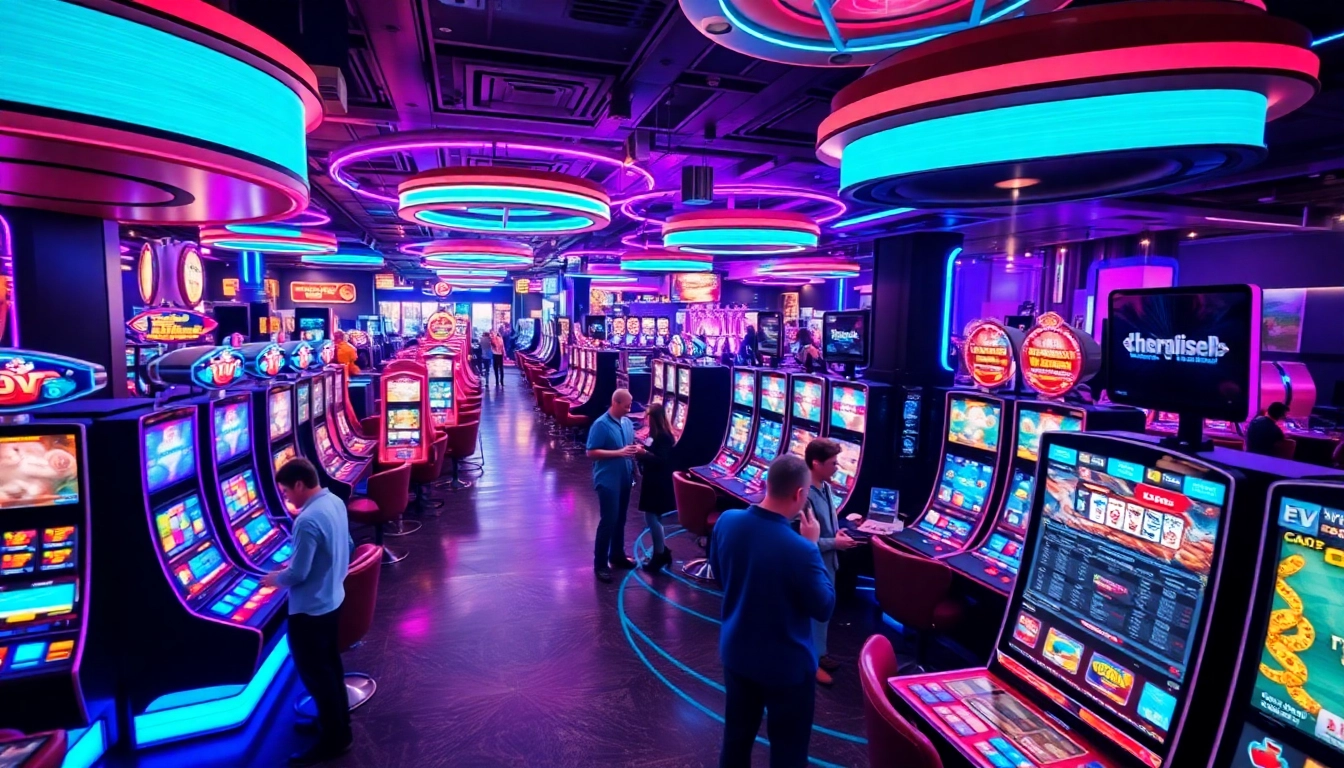 Experience New Technology in a vibrant casino gaming environment, featuring holographic machines and AR interfaces.