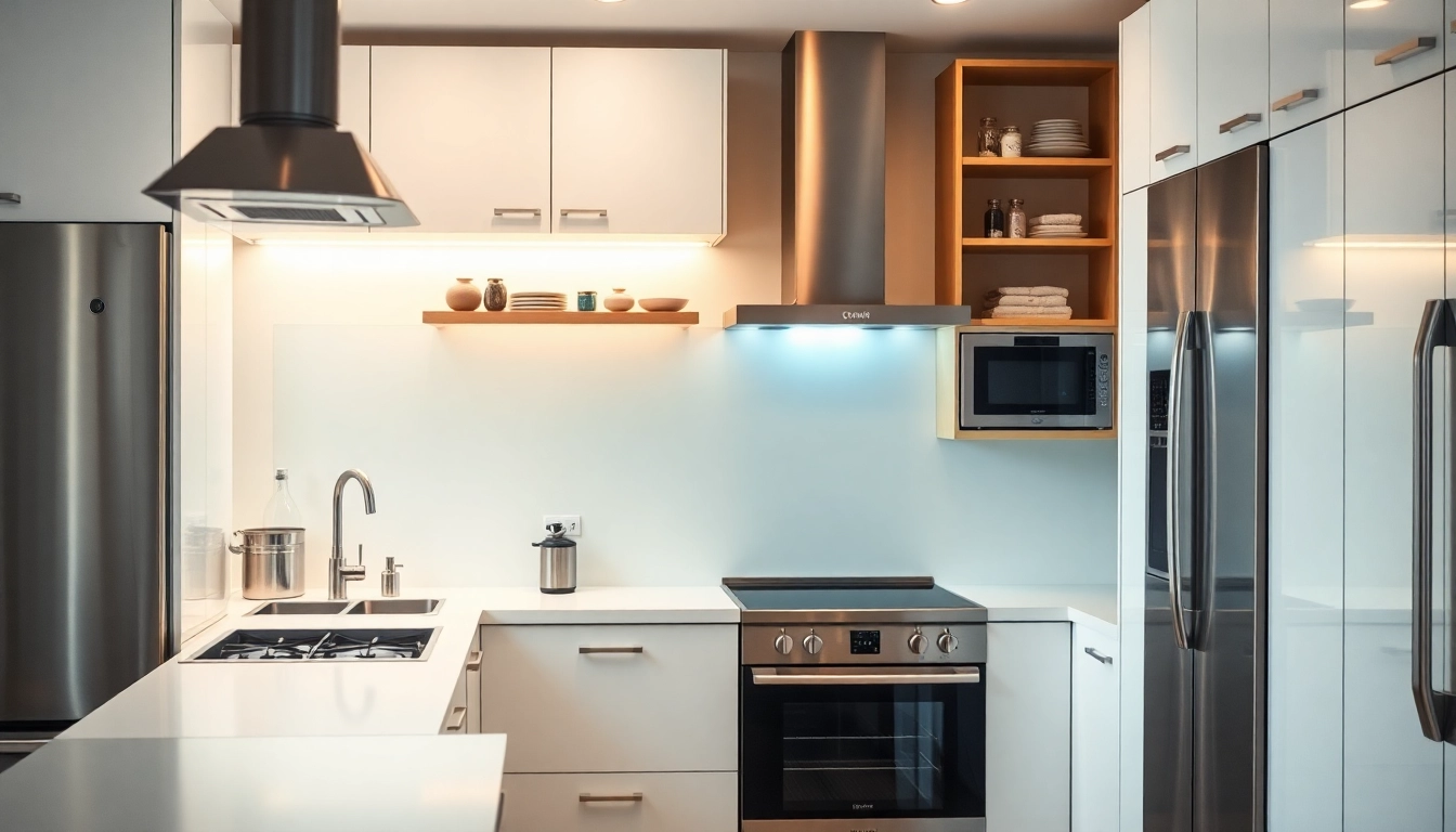 Showcase a modern kitchen with бяла техника appliances emphasizing sleek design and functionality.