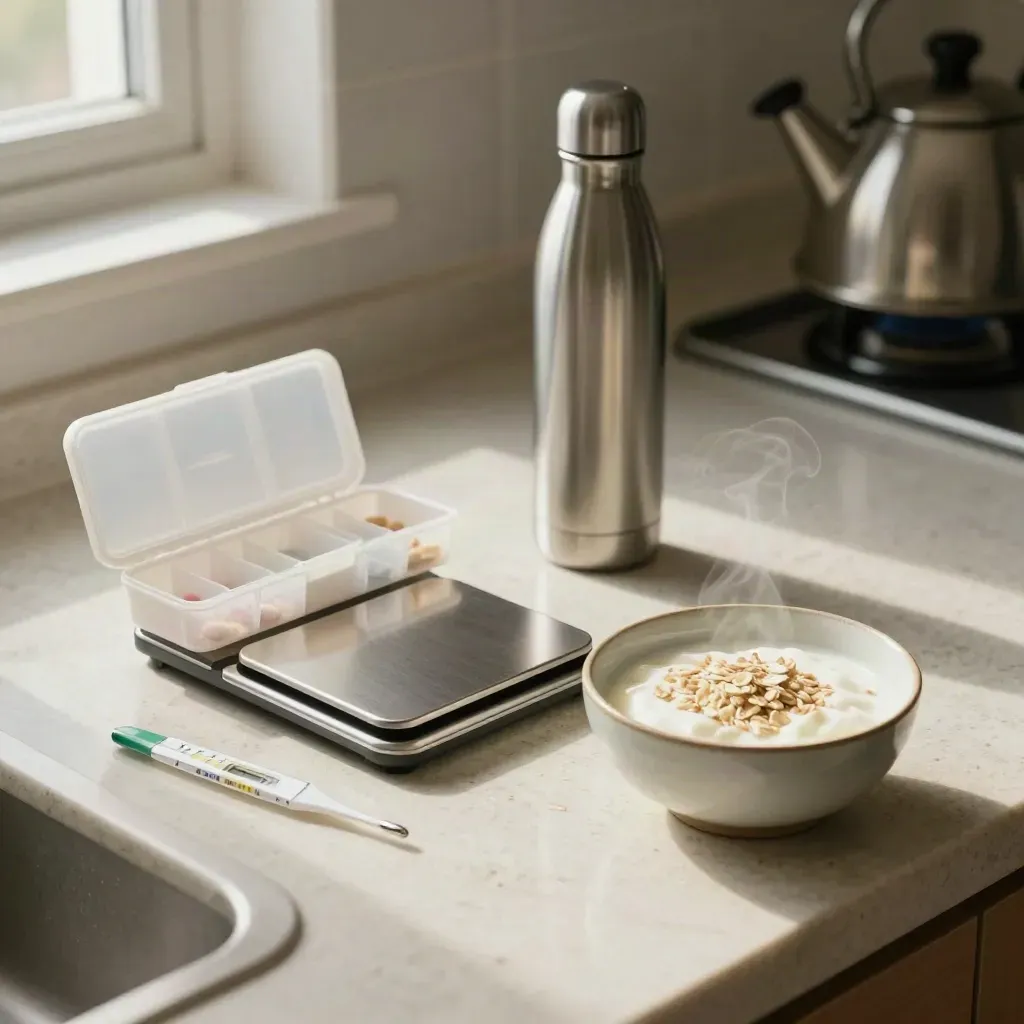 IBD review kit with pill organiser, scale, water bottle, thermometer, and oats bowl on a pale worktop