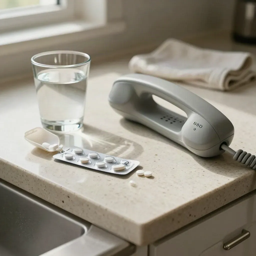 Medication guidance setup with blister pack, pill caddy, water glass and handset on travertine.