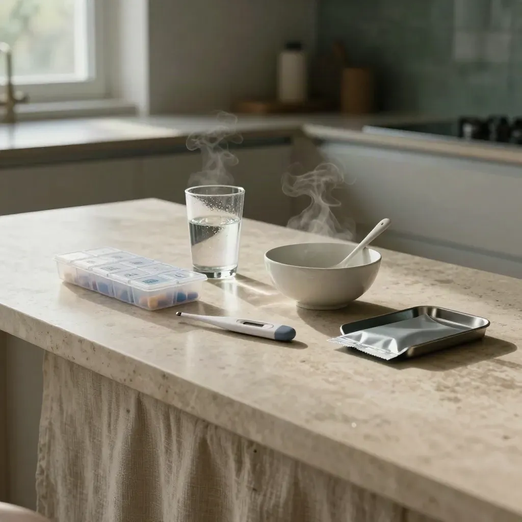 IBD care kit on a pale stone kitchen island with pill organiser, water glass, bowl, thermometer and cool pack