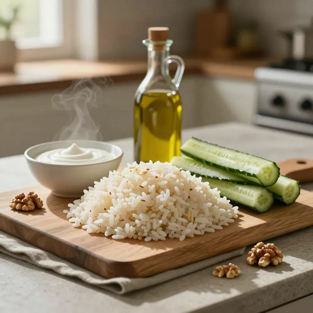 Rice, cucumber, yogurt and olive oil staged on a kitchen counter for diet advice.