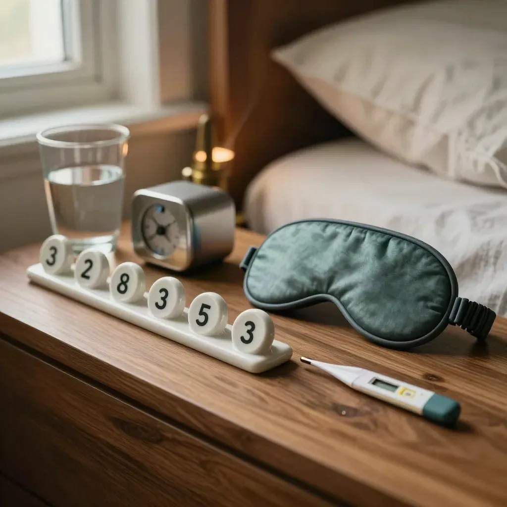 Macro bedside symptom-tracking setup with ceramic markers, timer, mask, glass and thermometer.