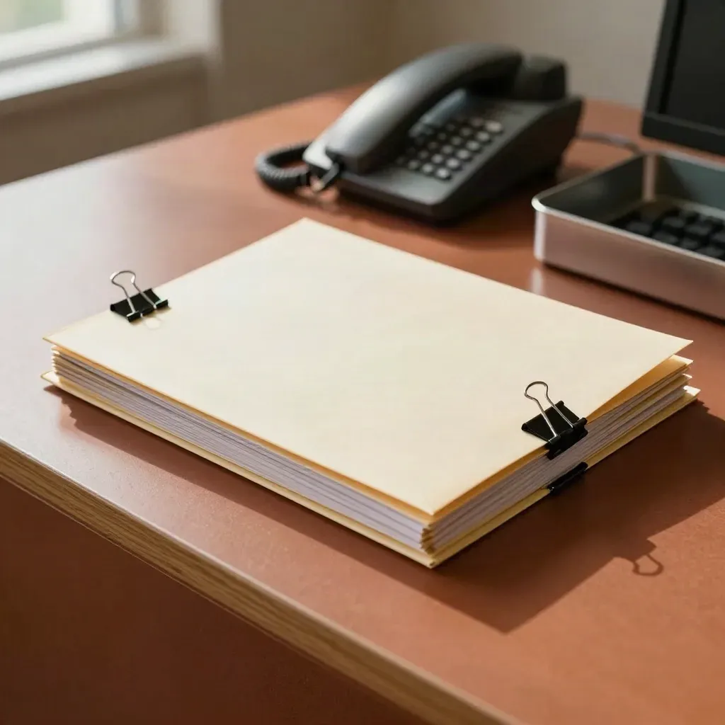 Sealed referral folder, binder clips, phone base and archive tray on a warm clinic counter.