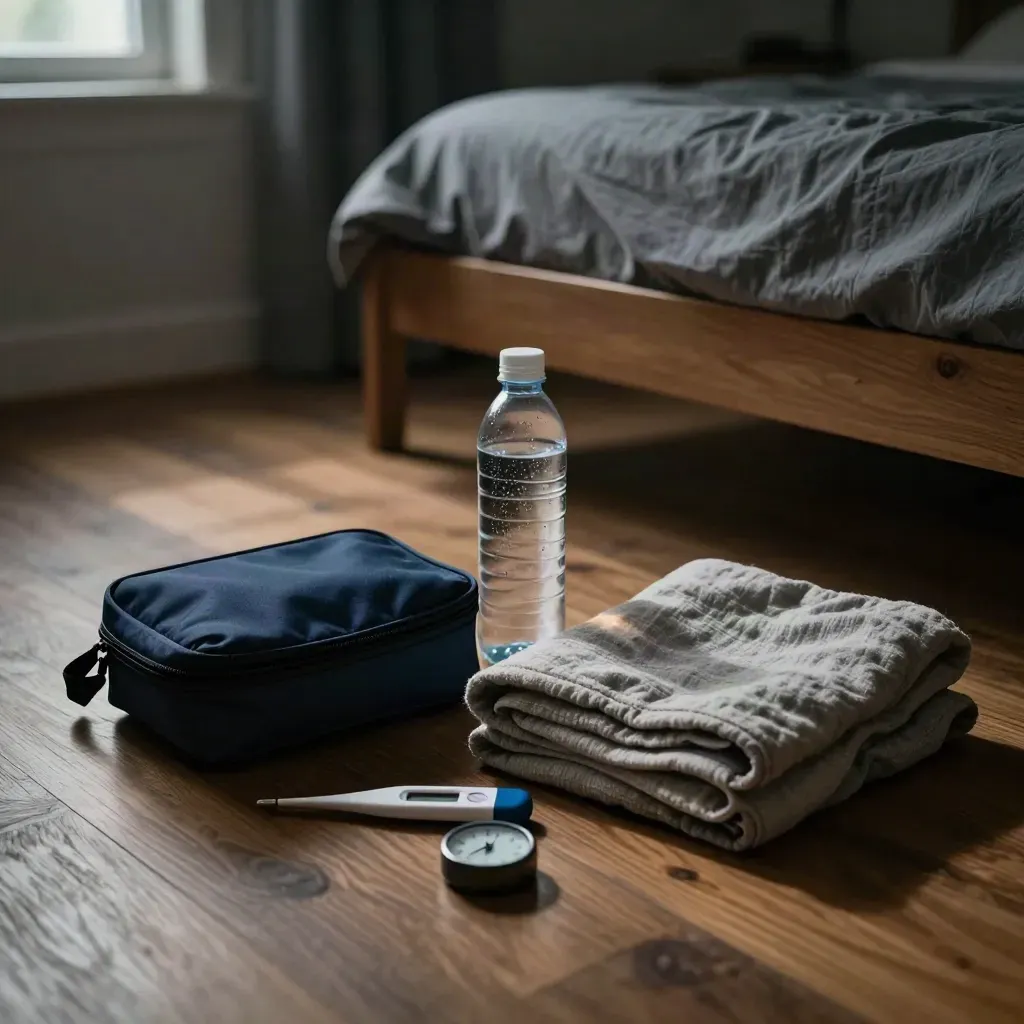 Bedside flare-up action kit with pouch, thermometer, water bottle, blanket and timer in moody evening light.