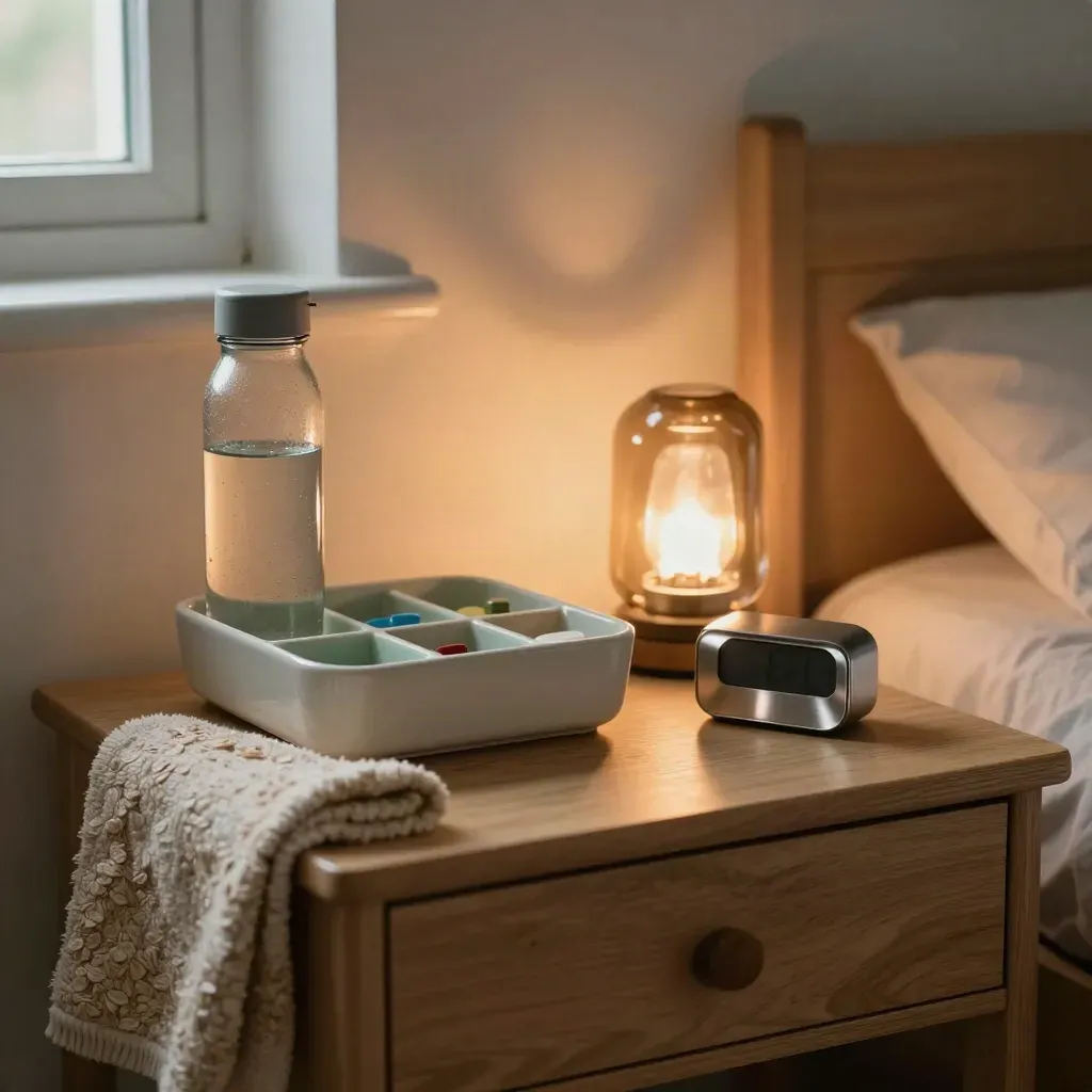 Bedside flare-plan kit with pill caddy, water bottle, blanket, timer and lamp in a dorm room