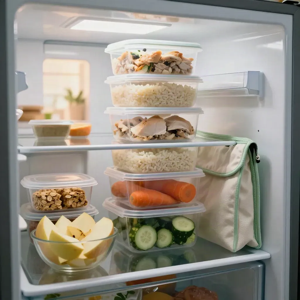 Open fridge shelf with meal-prep containers, peeled fruit, snacks and a neat lunch bag.