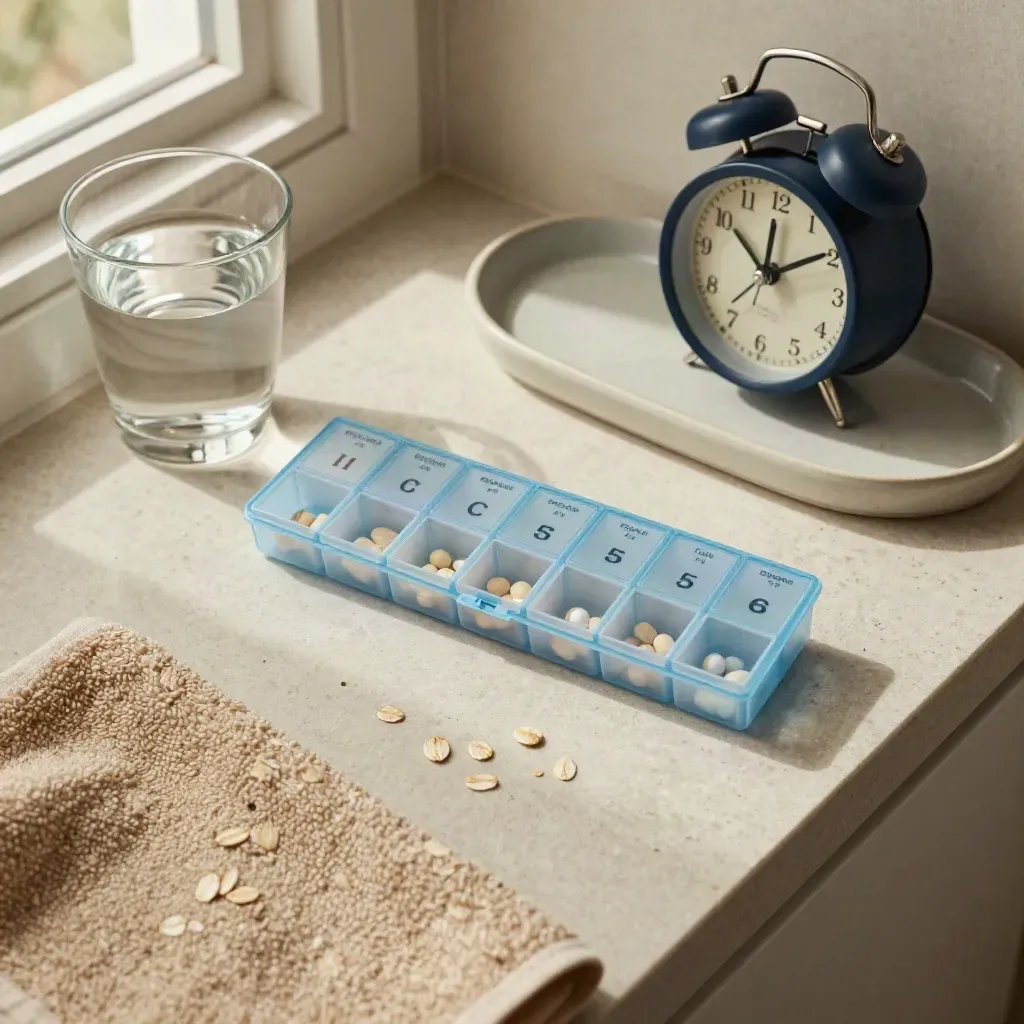 Top-down bathroom shelf setup with pill organiser, water glass, alarm clock and tray.