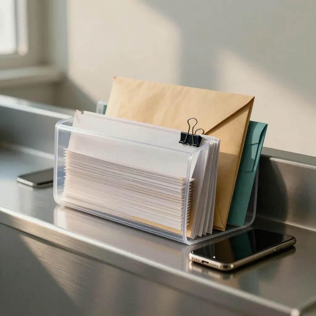 Referral bundle with envelopes, clips and phone on a clinic counter