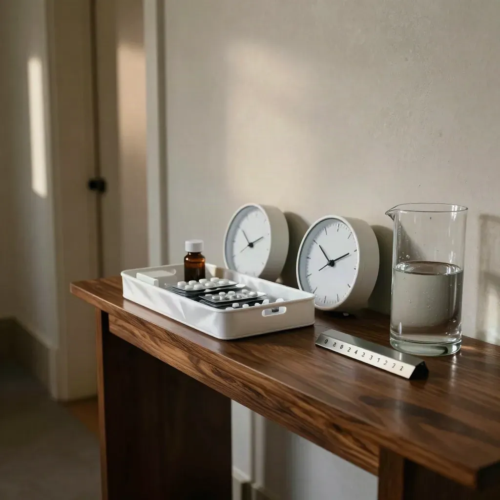 Hallway console with medication tray, reminder clocks, symptom magnets and a water jug in soft evening light.