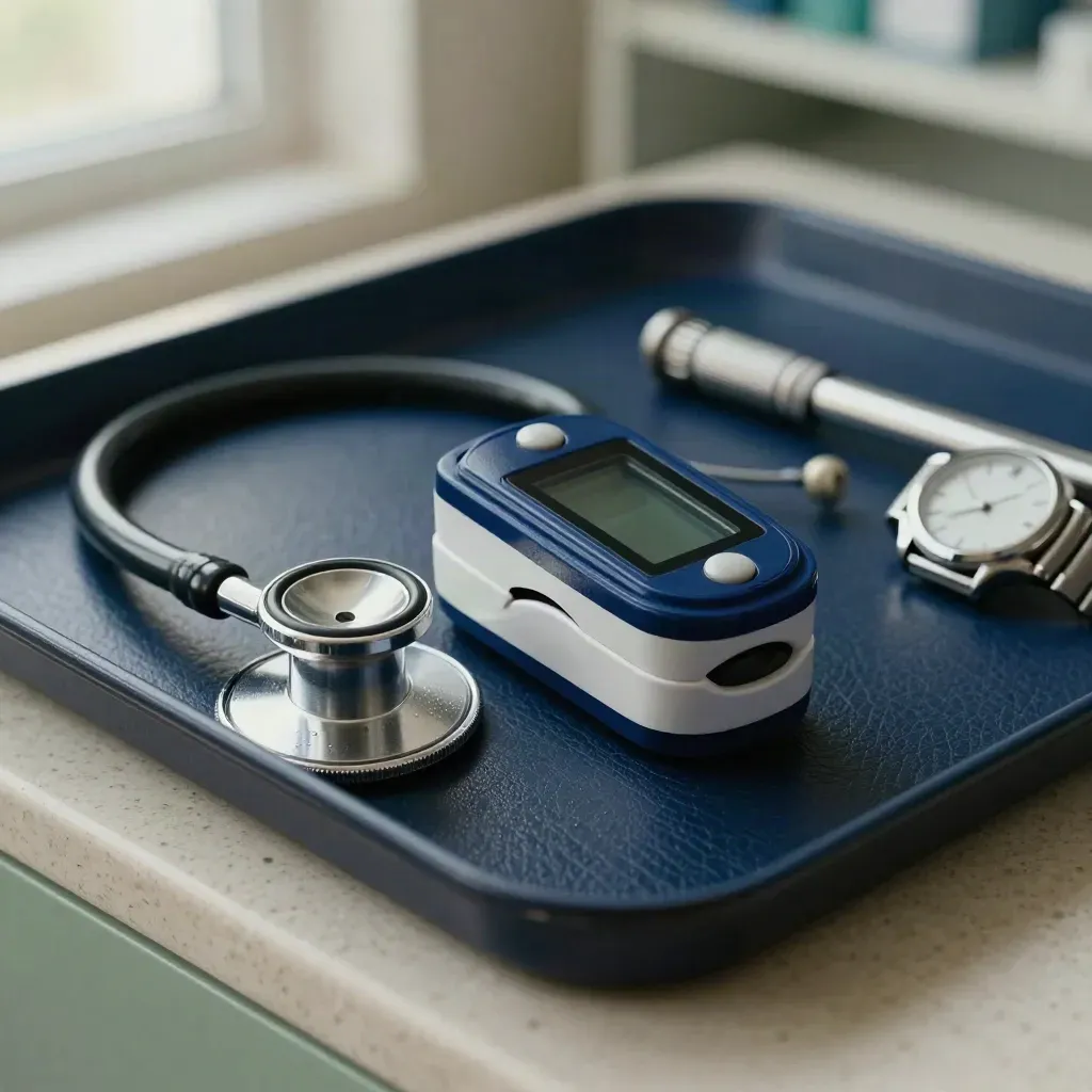 Extreme macro of a stethoscope, pulse oximeter, pen torch and watch on a navy leather tray.