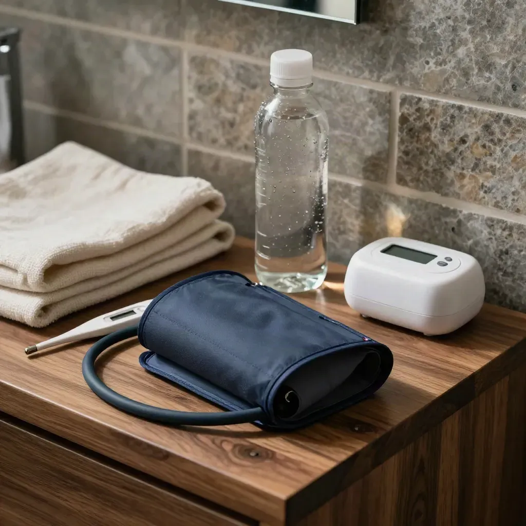 Blood pressure cuff, thermometer, hydration bottle and timer on a walnut shelf.