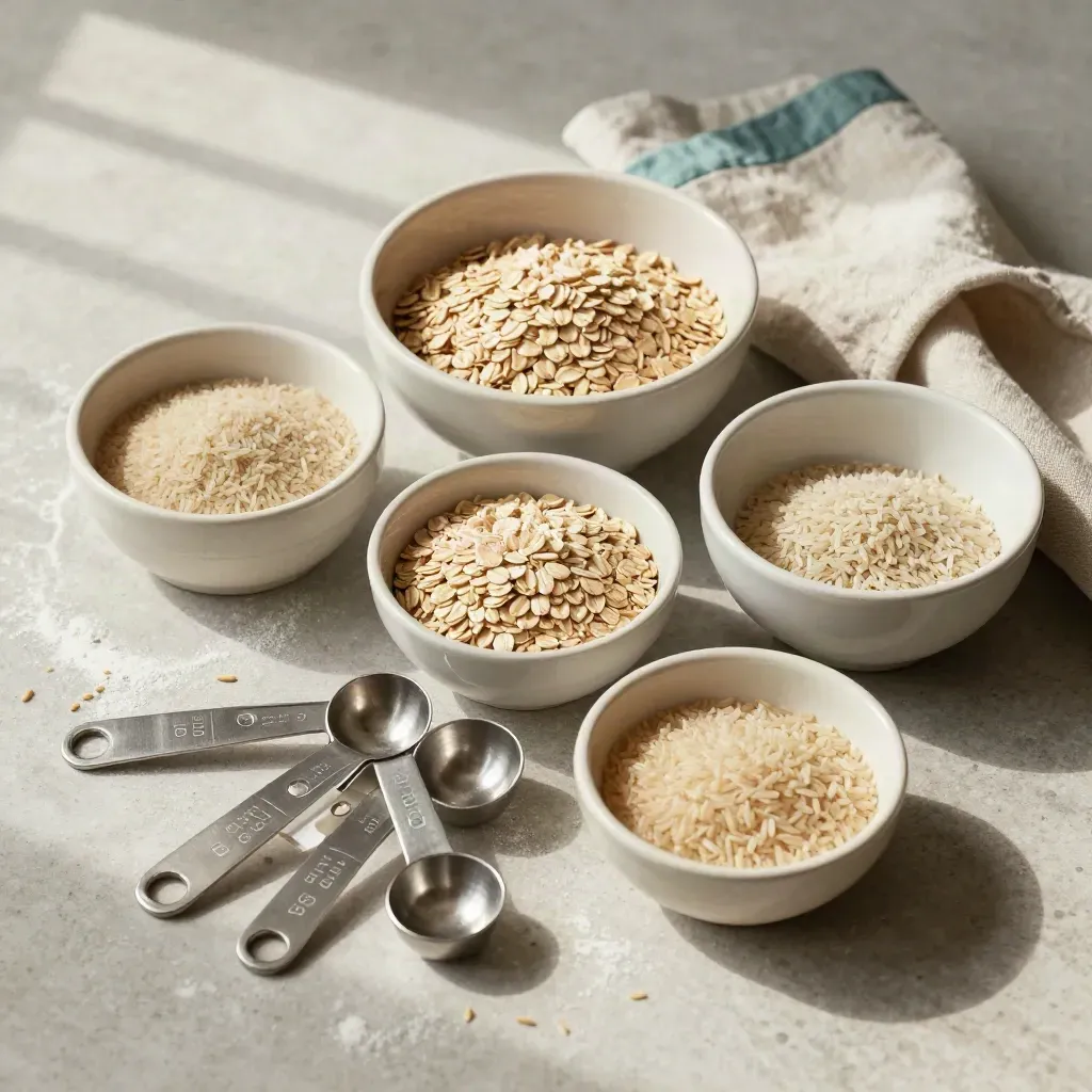 Overhead dietitian still life with bowls, spoons, oats, rice and a kitchen scale.