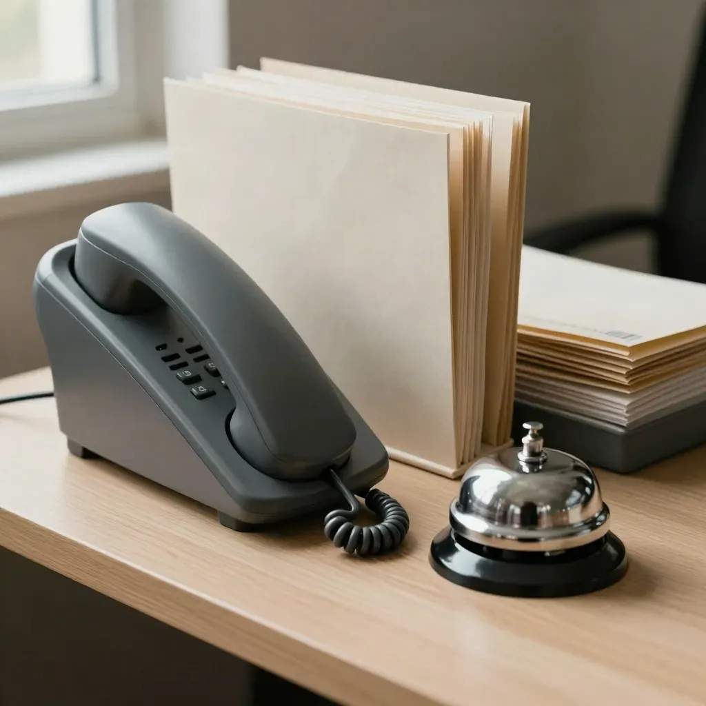 Reception desk tools for an IBD care coordinator: phone base, file tabs, bell, sealed letters.