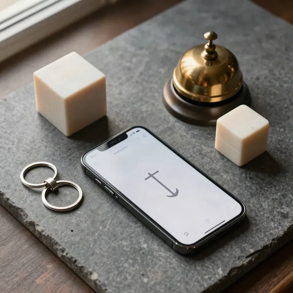 Overhead flatlay of a phone, brass bell, calendar cube and pill case on matte stone.