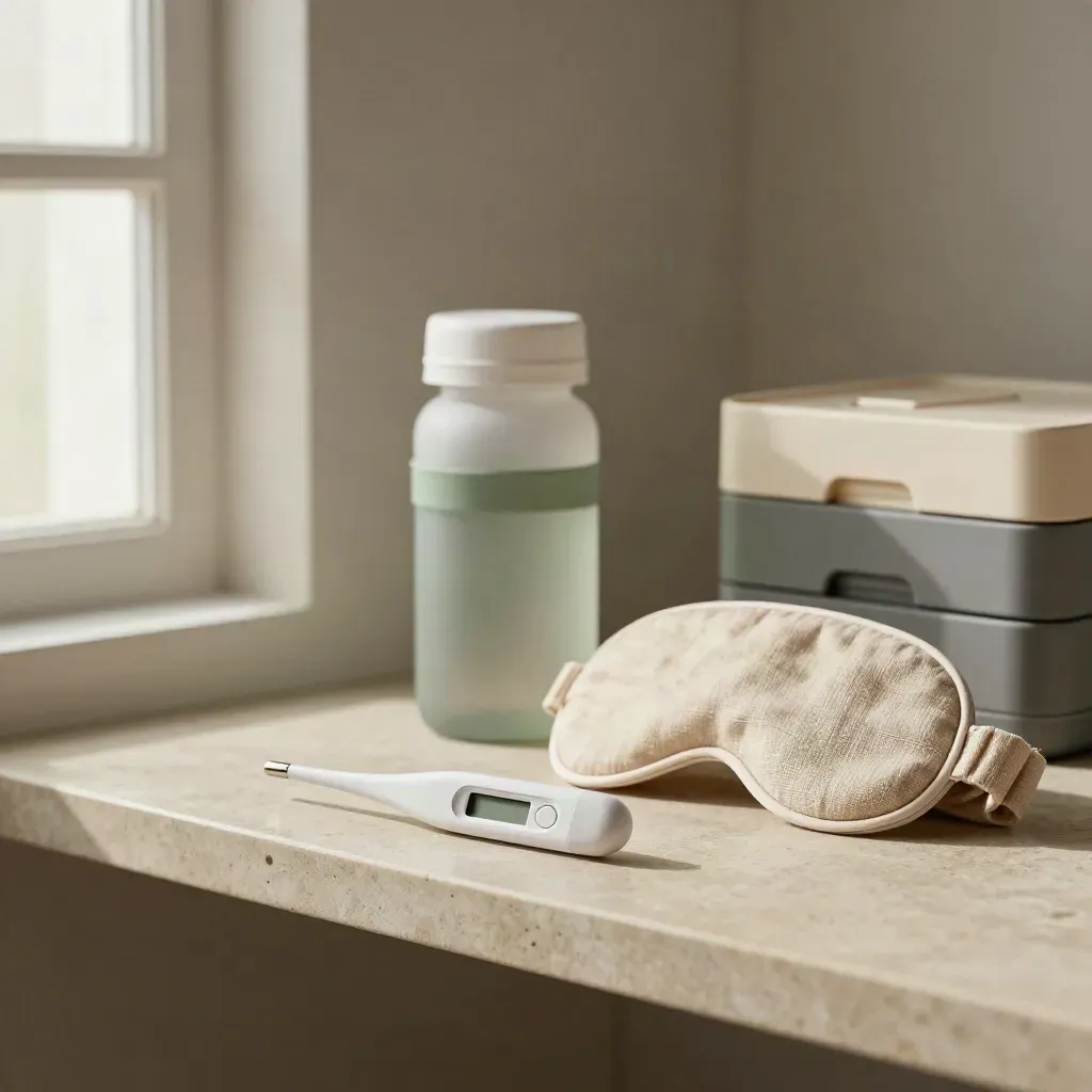 Thermometer, hydration bottle, sleep mask and medication caddy on a stone shelf