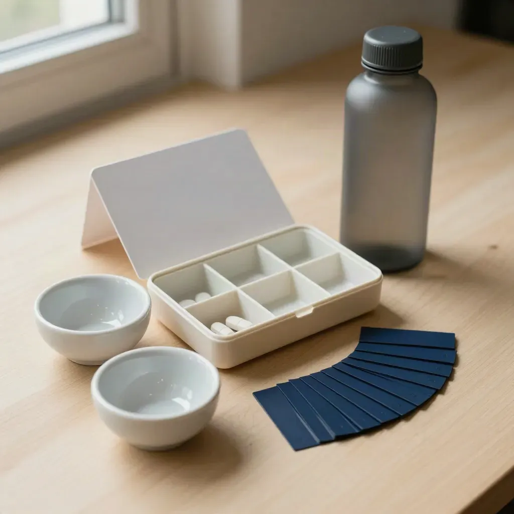 Pill organiser, prep bowls, colour tabs and hydration bottle on pale wood