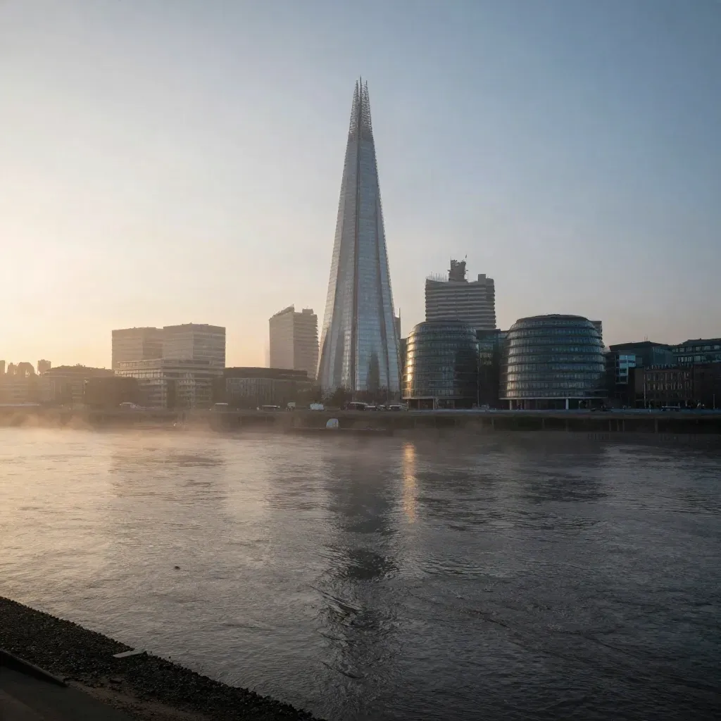 London skyline at dawn above the Thames with the Shard in mist.