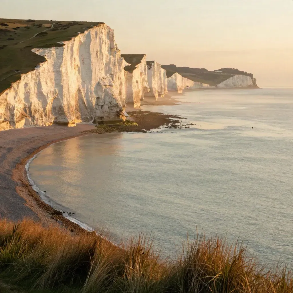 Golden South East England chalk cliffs above a calm misty shoreline