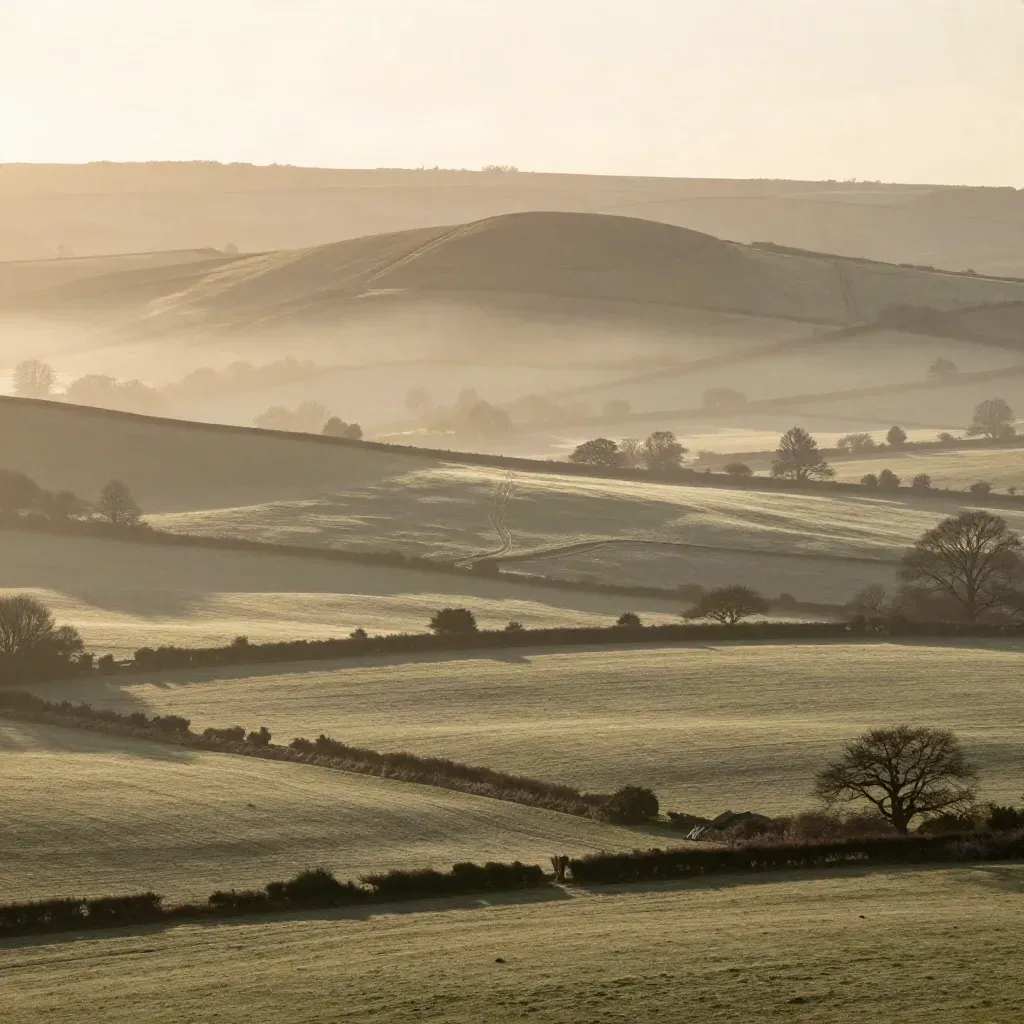 Hazy Malvern hills with layered ridges and calm fields under warm morning light