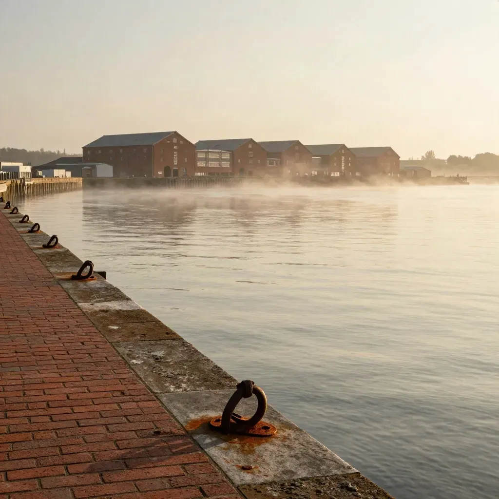 North West riverfront with red-brick quays and calm reflective water under warm haze.