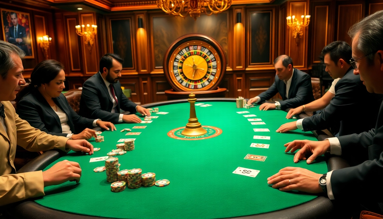 Experience the thrill of MM88 with players at a luxurious poker table in an upscale casino.