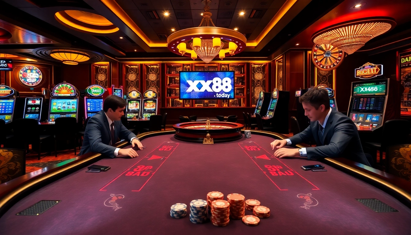 Exciting casino gambling scene showcasing https://xx88.today/ with poker, roulette, and slot machines.